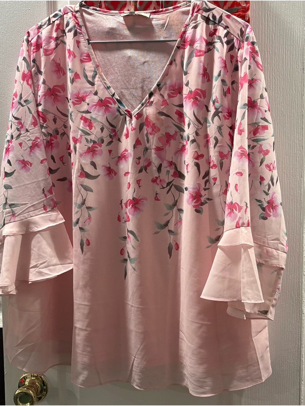 Light Pink Floral V-Neck Tunic with Ruffle Sleeves